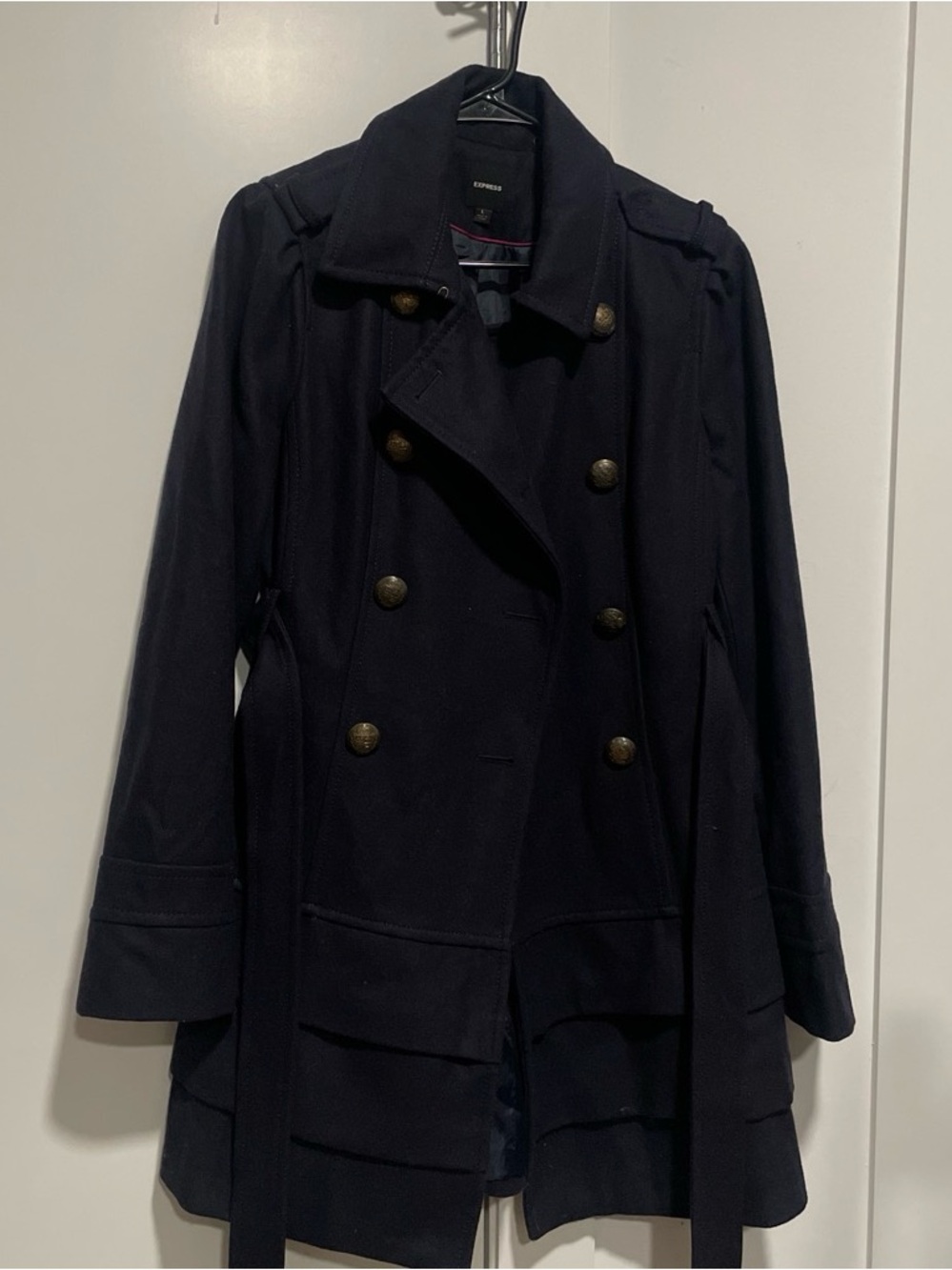 Express Women's Navy Double-Breasted Military Style Peacoat with Brass Buttons